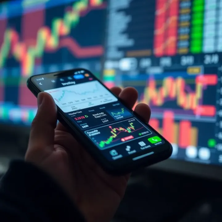 Mobile phone displaying various Indian share trading app options with charts and features visible
