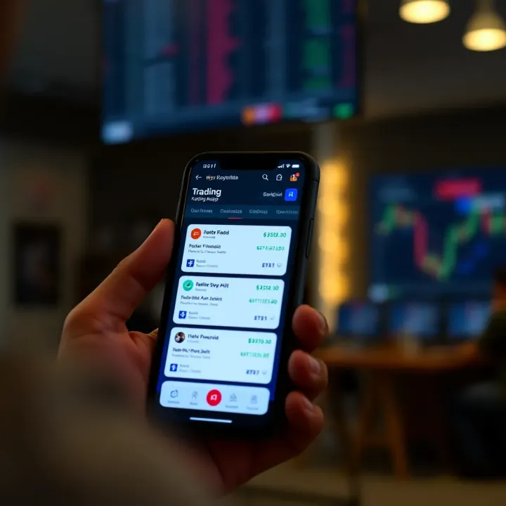 User interface displaying various trading app features on a smartphone screen