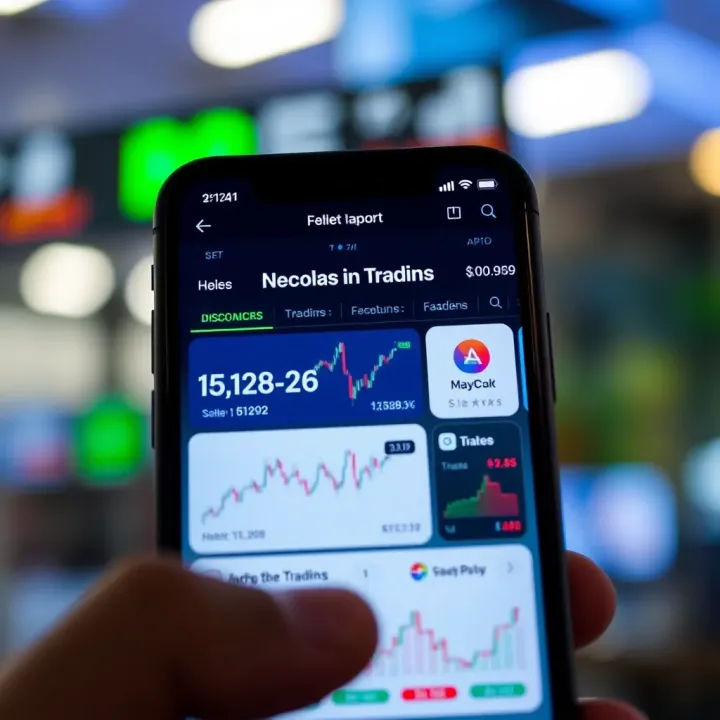 Smartphone screen displaying various trading app features with graphs and portfolio overview