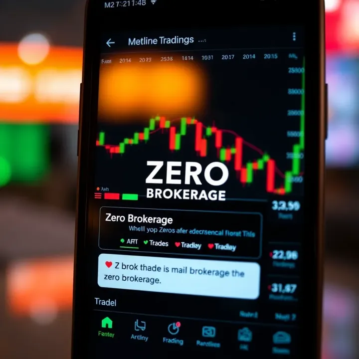 User interface of a mobile trading application showing stock charts and zero brokerage notification