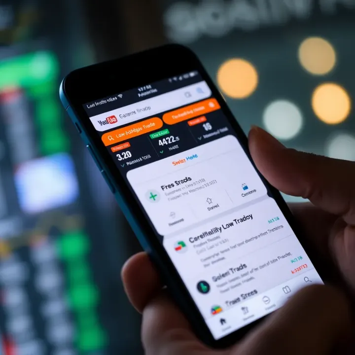 User interface displaying various features of a low brokerage trading app on a smartphone