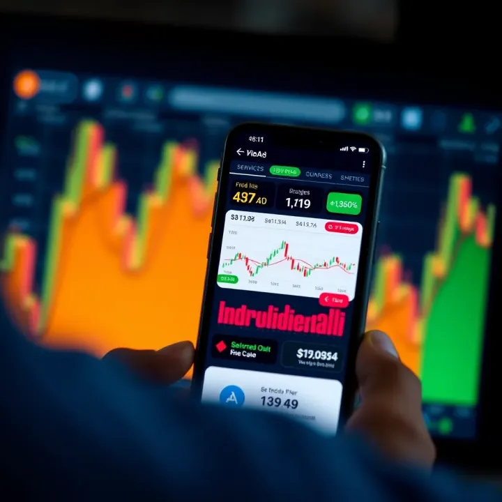 User-Friendly Trading App Interface Showcasing Market Trends Mobile phone screen displaying a user-friendly trading app interface with colorful graphs and market data
