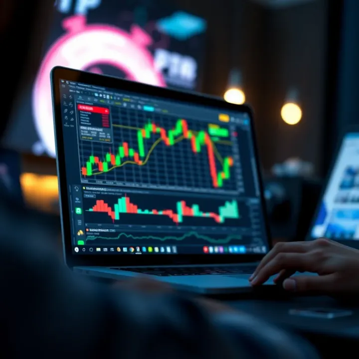 Conceptual illustration of digital learning with charts and trading symbols on a laptop screen