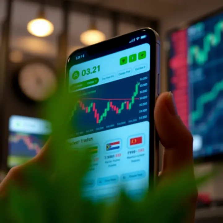 Smartphone displaying a user interface of a trading app with stock charts and investment options