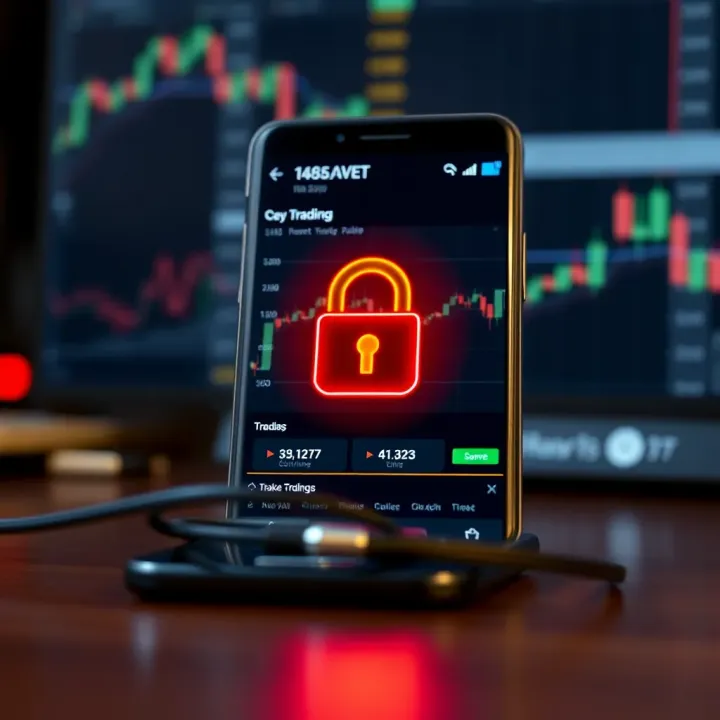 Secure mobile trading application interface showing encryption and padlock symbols