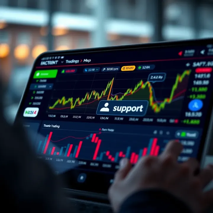 Intuitive Trading App Dashboard Highlighting Support Features User-friendly trading app dashboard with charts and support chat icon showcasing ease of use and customer assistance