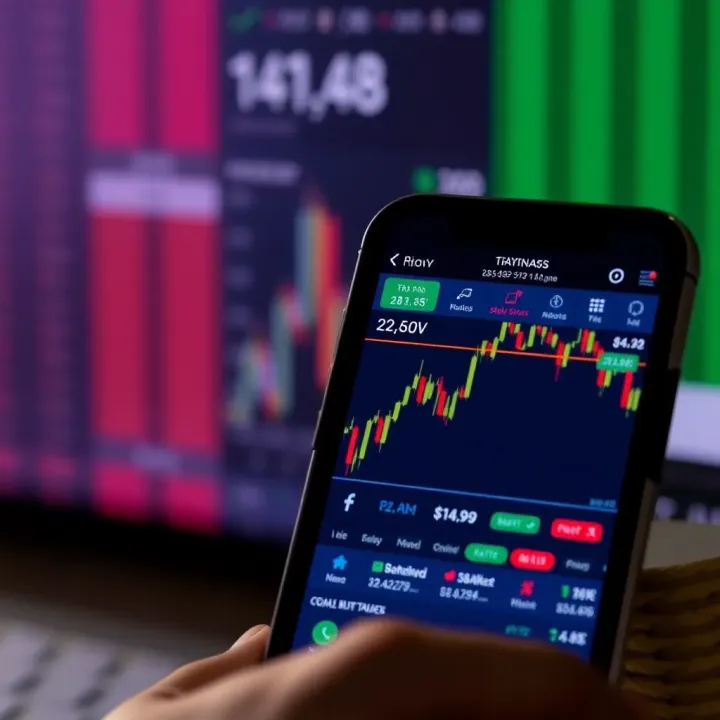 Mobile phone displaying a financial trading application with stock charts and indicators
