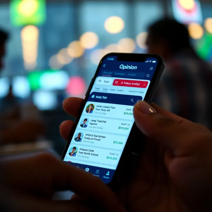 Opinion Trading App Interface with Market Insights Mobile app interface showing opinion trading options and market insights in India