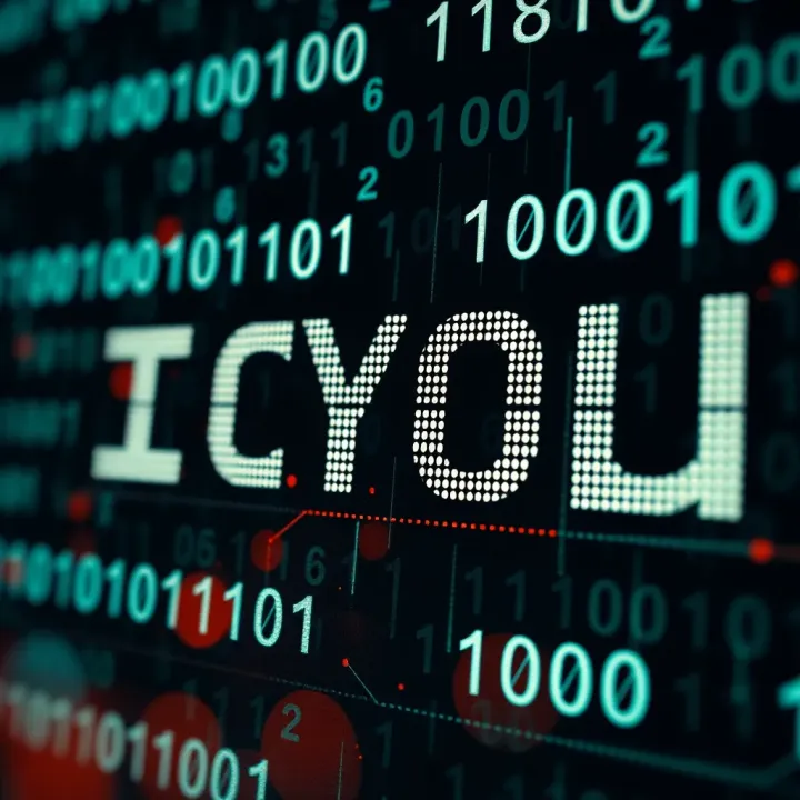 Visual representation of text characters converted into binary code with digital elements