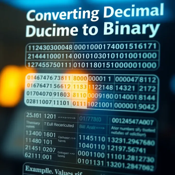 Guide to Converting Decimal Values to Binary Visual chart showing the conversion process between decimal and binary numeral systems with examples