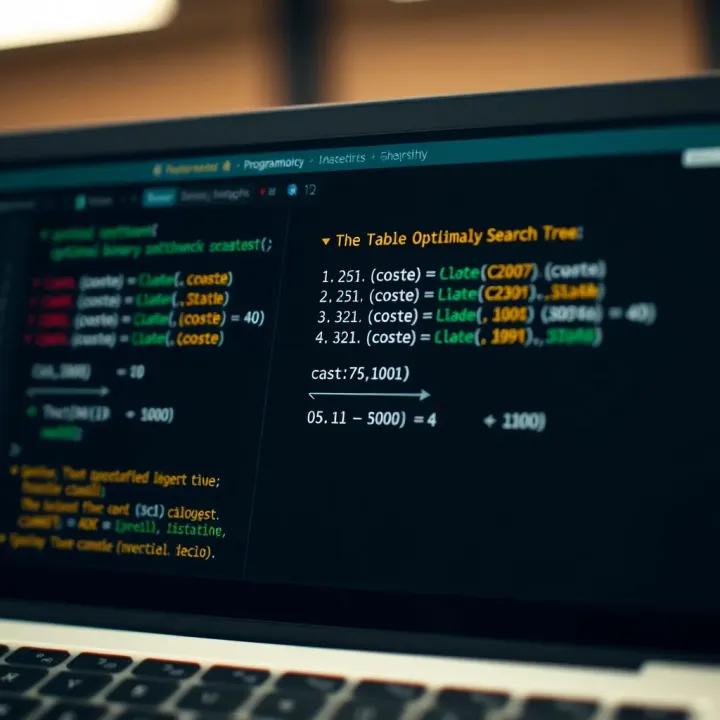 Dynamic programming table illustrating cost calculations for optimal binary search tree construction