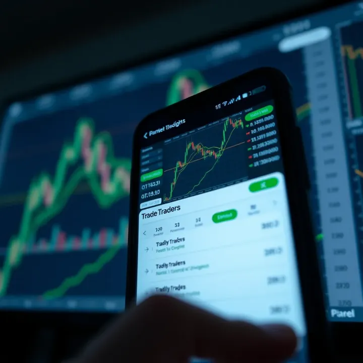 Smartphone displaying a trading app interface with various market charts and trading options