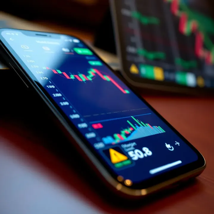 Smartphone displaying a digital trading platform interface with graphs and charts