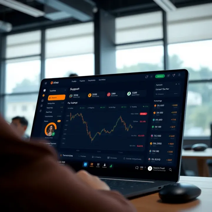 User-friendly trading platform dashboard showing low fees and customer support icons