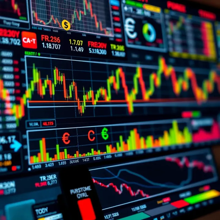 Visual representation of forex trading concepts including charts, currency symbols, and analytical tools