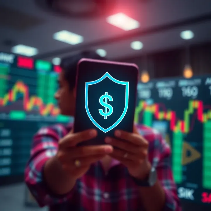 Secure and Affordable Stock Trading Through Trusted Apps Illustration of secure digital investment with shield icon and currency symbols representing safe and affordable stock trading
