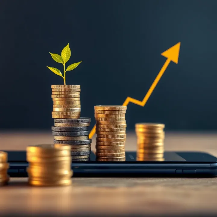 Illustration of coins stacking beside a mobile phone symbolizing minimal investment and growing financial returns
