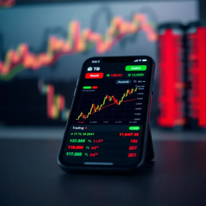 Mobile phone displaying a trading app interface with charts and financial data