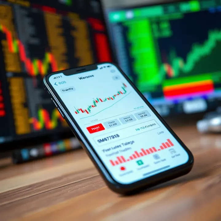 Mobile phone displaying a mock stock trading app interface with charts and virtual currency balances
