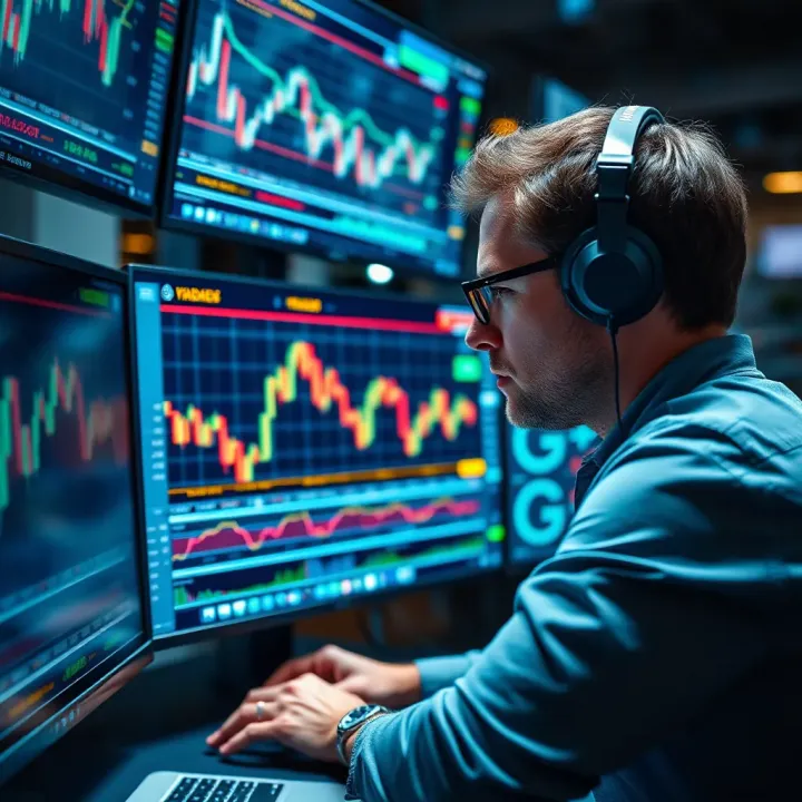 Focused Market Analysis and Risk Management in Forex Trading A person analyzing multiple screens with forex market data and graphs representing disciplined trading and risk management