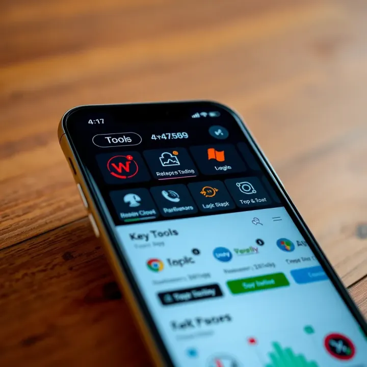 User interface showcasing various tools and features of an official trading app on a smartphone screen