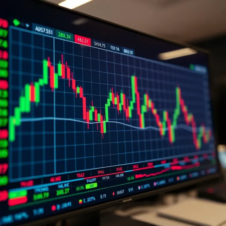 Graph displaying currency pair fluctuations and trading indicators on a digital screen