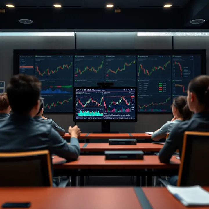 Illustration of a digital classroom with a laptop displaying options trading charts and educational content