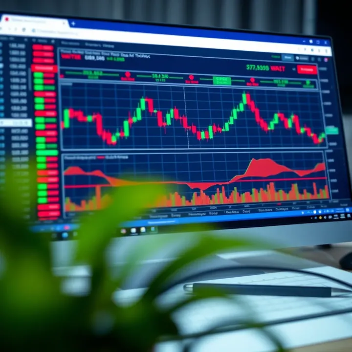 Digital interface showing a stock trading simulation with charts and graphs on a computer screen
