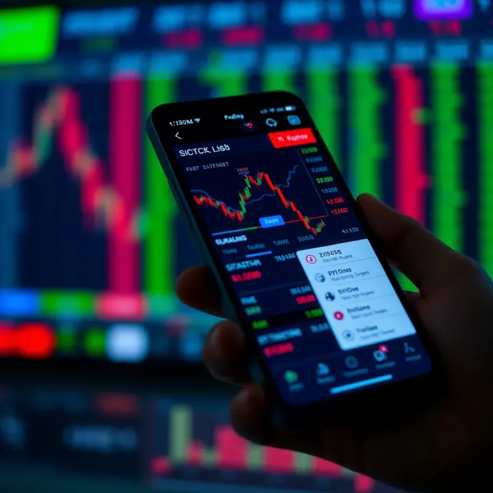 Mobile phone screen displaying various stock charts and trading options in a stock trading application
