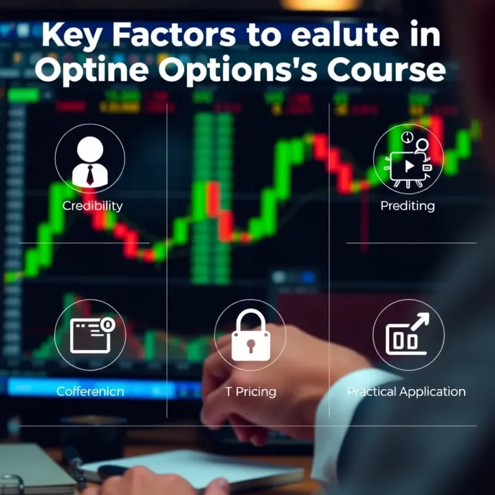 Key Factors to Evaluate in an Options Trading Course Visualization of course evaluation criteria including credibility, pricing, and practical application icons