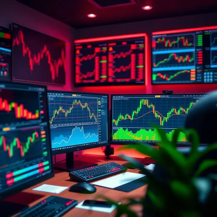 Trading Workspace Featuring Financial Graphs and Risk Management Tools Trader's workspace showing multiple monitors with financial graphs and risk management tools