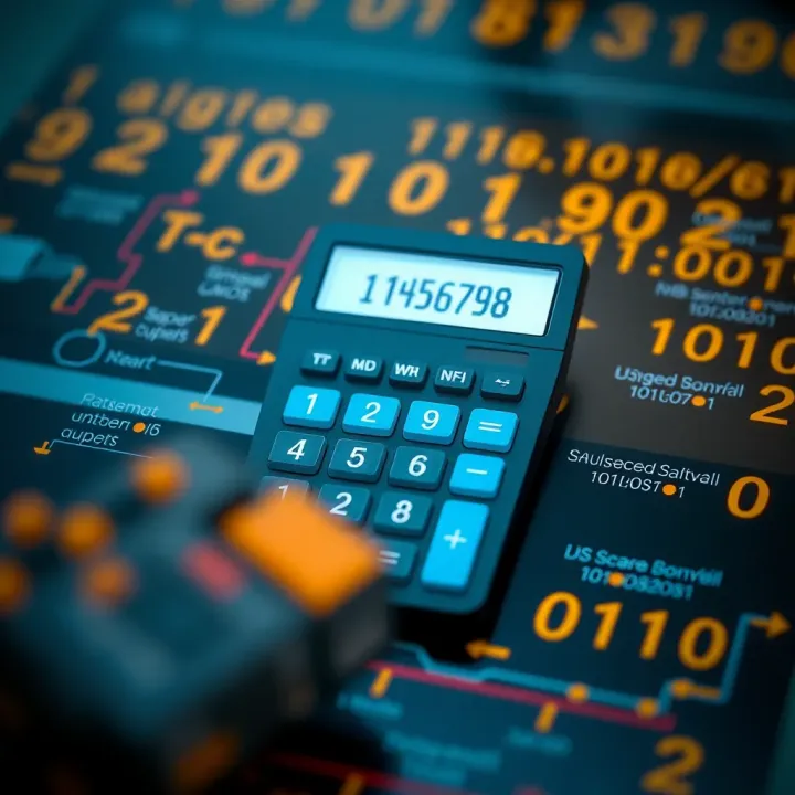Diagram showing the structure and function of a binary number calculator, illustrating binary input and arithmetic operation results