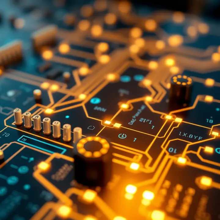Conceptual illustration of digital circuits with interconnected binary signals representing data flow in computing