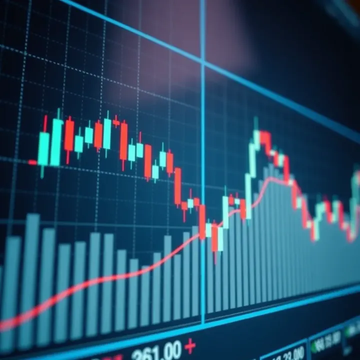 Stock chart with volume bars emphasizing correlation between volume spikes and candlestick formations