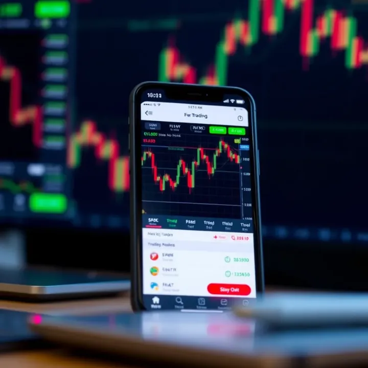 Key Features of Forex Trading Applications Mobile device displaying forex trading app interface with currency charts and trading options