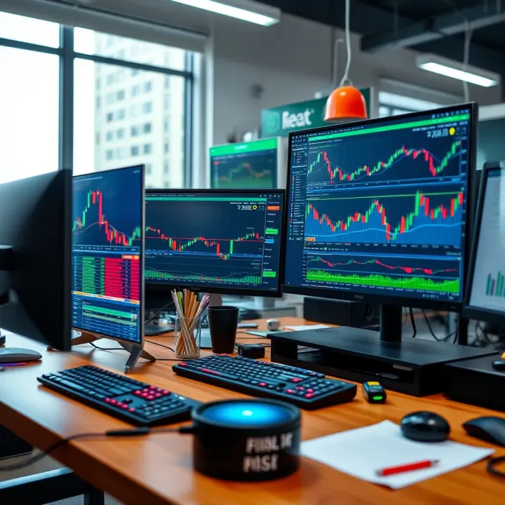 Trading workstation with multiple screens showing financial data and indicators