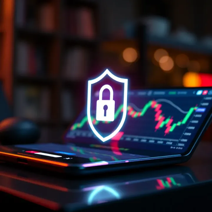 Safe and Smart Trading on Legal Binary Options Platforms Safe trading concept with digital shield overlay on a mobile device showing binary options charts