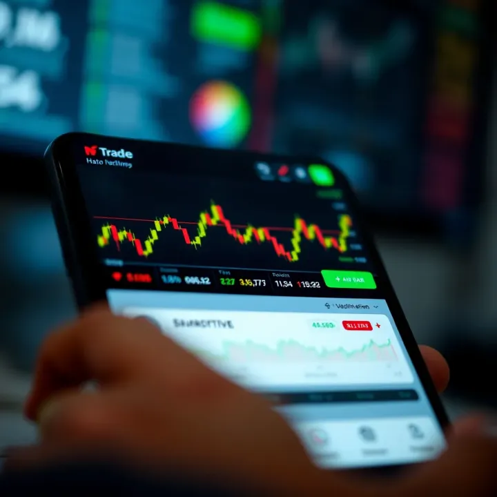 Trading Application Interface Featuring Market Charts and Data Mobile device displaying a trading app interface with charts and market data