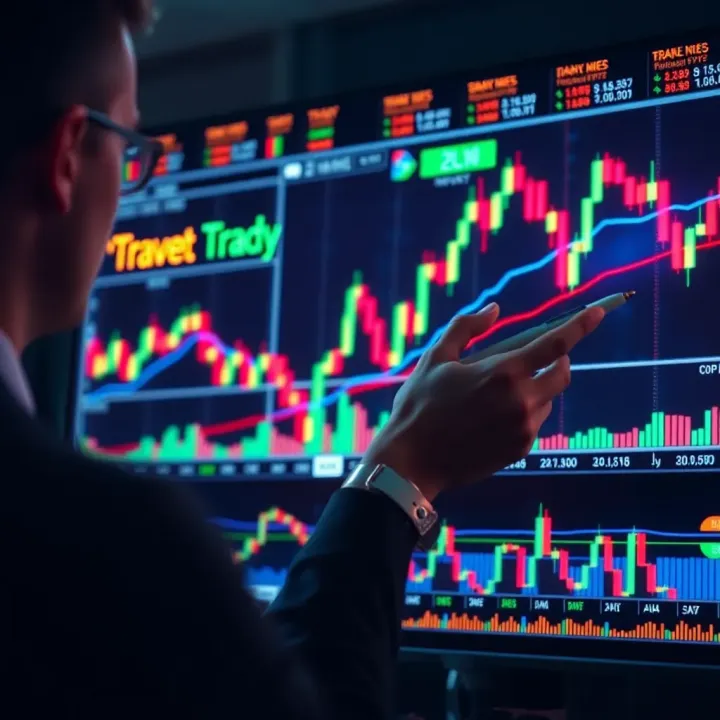 Trader analyzing candlestick formations and trend lines on a dynamic financial chart