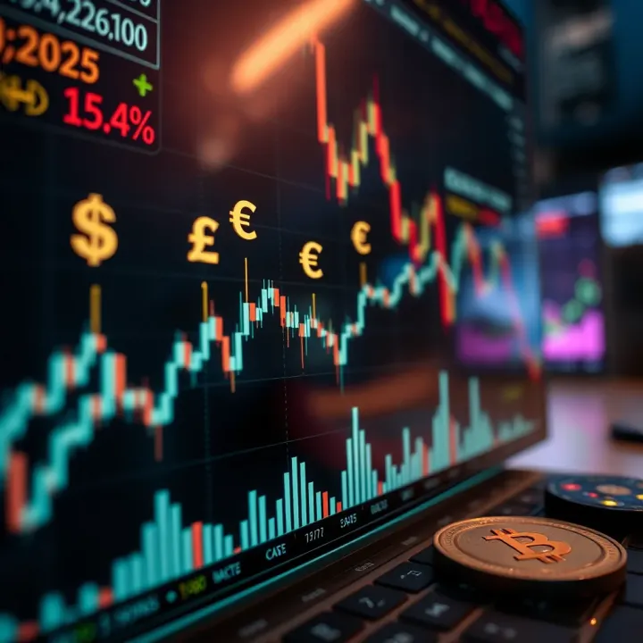 Graph illustrating forex trading profit trends with currency symbols overlay