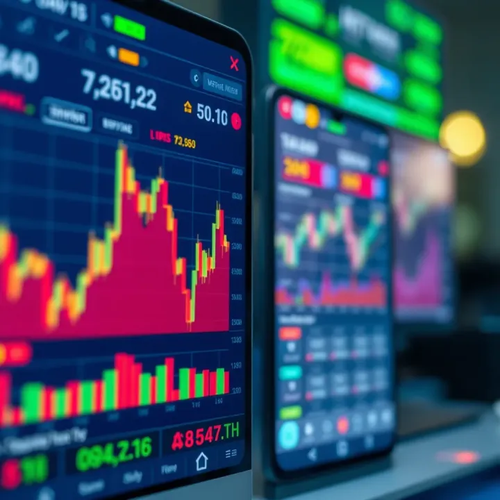Live Trading App Interface with Market Data and Charts Interface of a live trading app displaying stock prices and market trends with charts and data