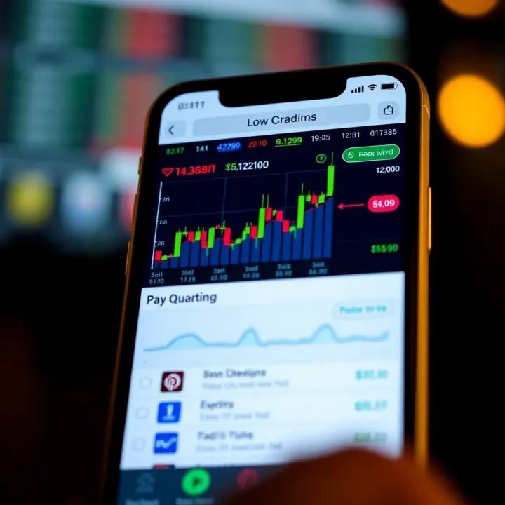 Mobile phone displaying low deposit trading app interface with charts and trade options