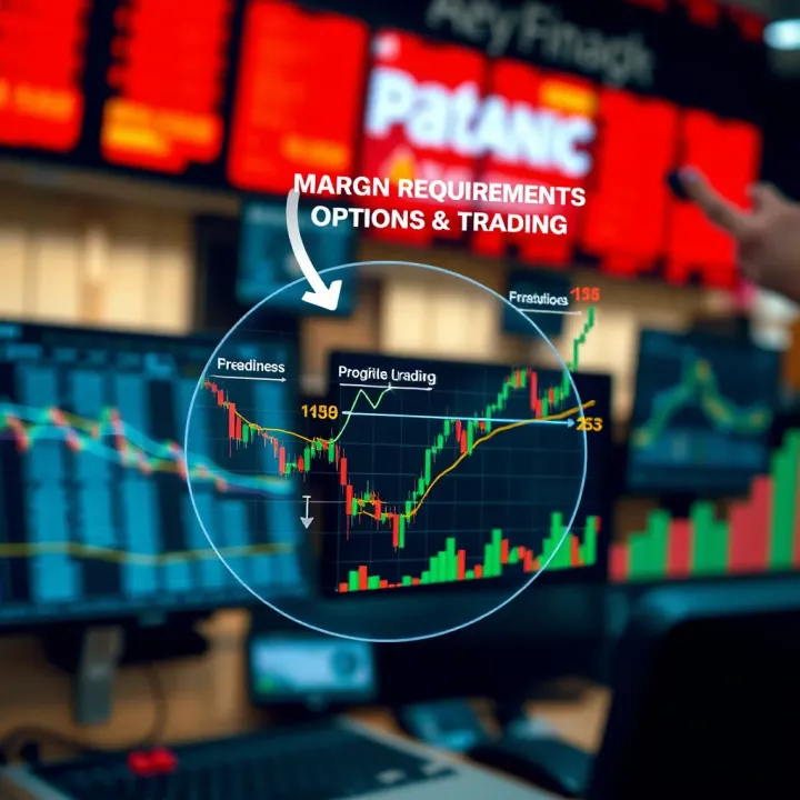 Diagram illustrating margin requirements in options trading with charts and financial symbols
