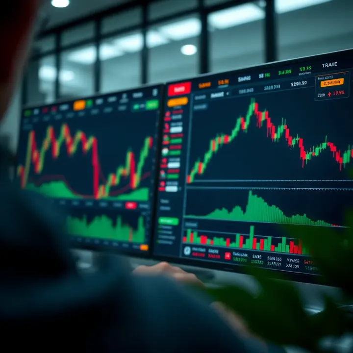 Virtual trading platform interface showing market charts and simulated trades