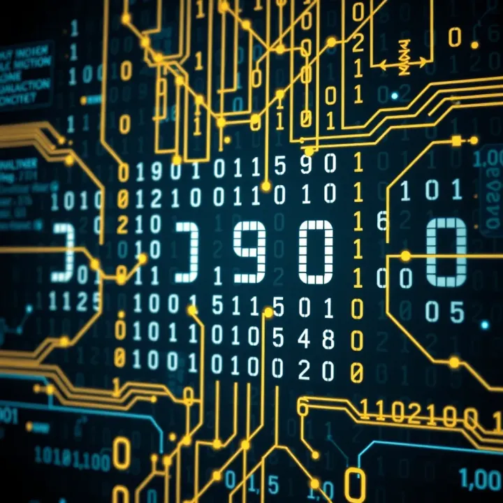 Diagram illustrating binary number system with ones and zeros connected to digital circuits