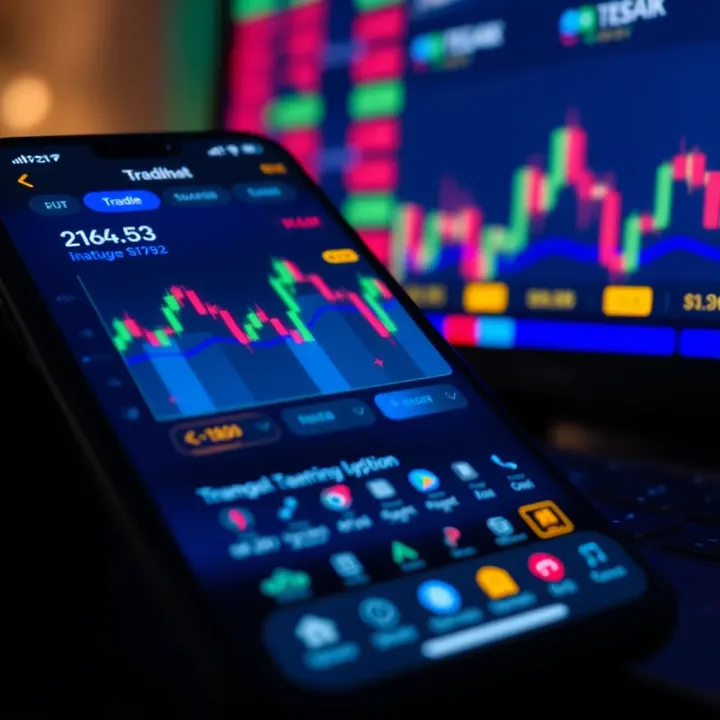 User interface of a trading app showing stock charts, market trends, and transaction options on a mobile device