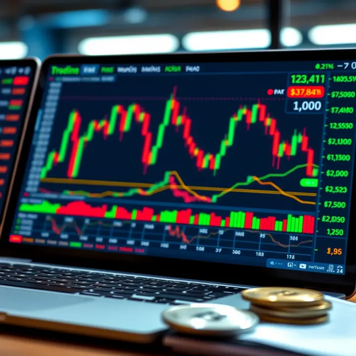 Graphical representation of stock market activity with virtual currency and trading charts